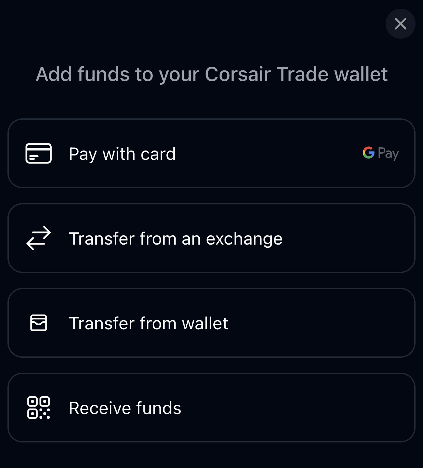 Corsair Trade wallet funding modal showing options for Pay with card, Transfer from exchange, Transfer from wallet, and Receive funds