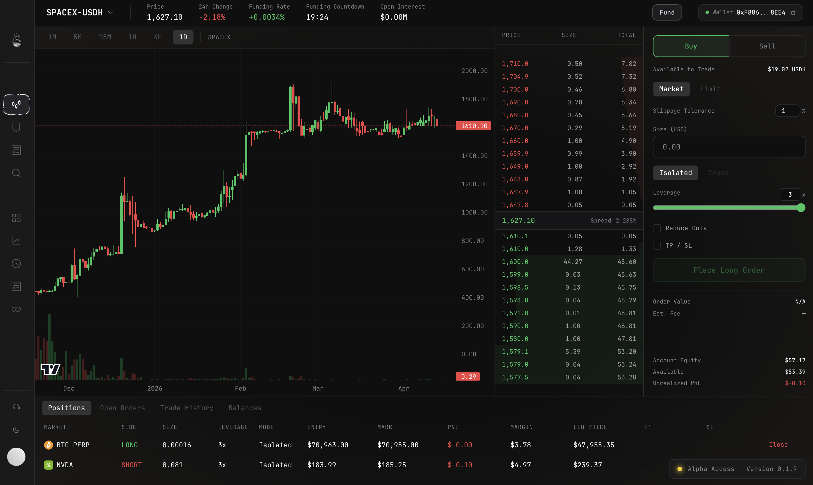 Corsair trading terminal showing SPACEX-USDH candlestick chart with order book and positions panel